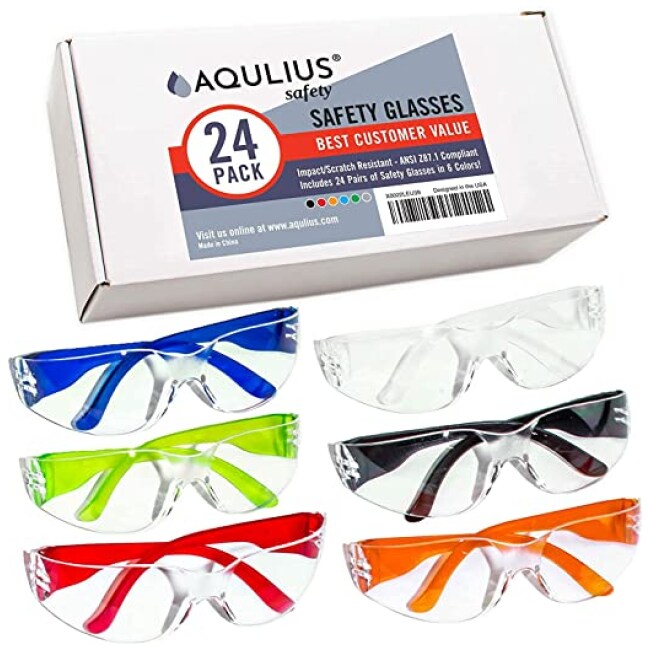 24 Pack of Safety Glasses (24 Protective Goggles in 6 Different Colors) Crystal Clear Eye Protection - Perfect for Construction, Shooting, Lab