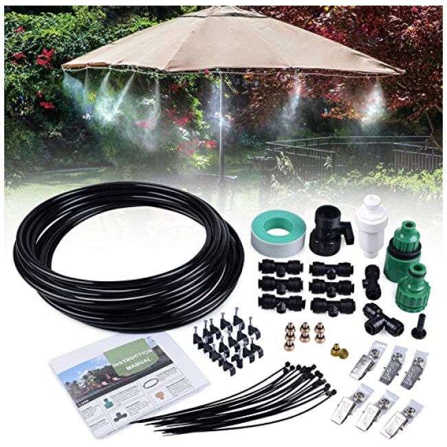 26.2FT Outdoor Mist Cooling System Fan Misting Kit Irrigation Animal Plants Swimming Pool Cooler with 1/4inch Tube Hose Pipe 7 Brass Metal Nozzles...