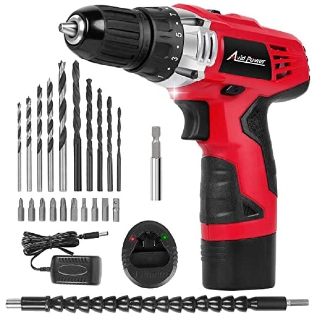 AVID POWER 12V Cordless Drill, Power Drill Set with 22pcs Impact Driver/Drill Bits, 2 Variable Speed, 3/8'' Keyless Chuck, 15+1 Torque Setting