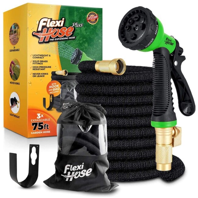 Flexi Hose Plus Lightweight Expandable Garden Hose, No-Kink Flexibility, 3/4 Inch Solid Brass Fittings and Double Latex Core