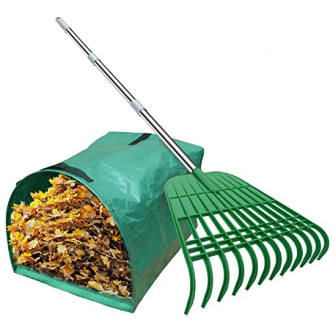 Gardzen 12 Tines Gardening Leaf Rake, Lightweight Steel Handle, Detachable, Ideal Camp Rake, Comes with Dustpan-Type Garden Bag