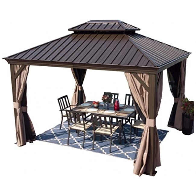 Kozyard Alexander Hardtop Aluminum Permanent Gazebo with a Mosquito Net and Privacy Sidewalls (Alexander 10'x12')