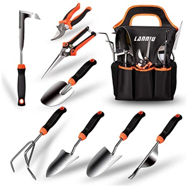 LANNIU Garden Tool Set, 9 Piece Stainless Steel Heavy Duty Gardening Tool Set, with Non-Slip Rubber Grip, Storage Pocket, Ideal Garden Tool Kit...