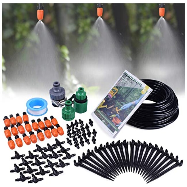 MIXC 1/4-inch Mist Irrigation Kits Accessories Plant Watering System with 50ft 1/4” Blank Distribution Tubing Hose, 20pcs Misters, 39pcs Barbed...