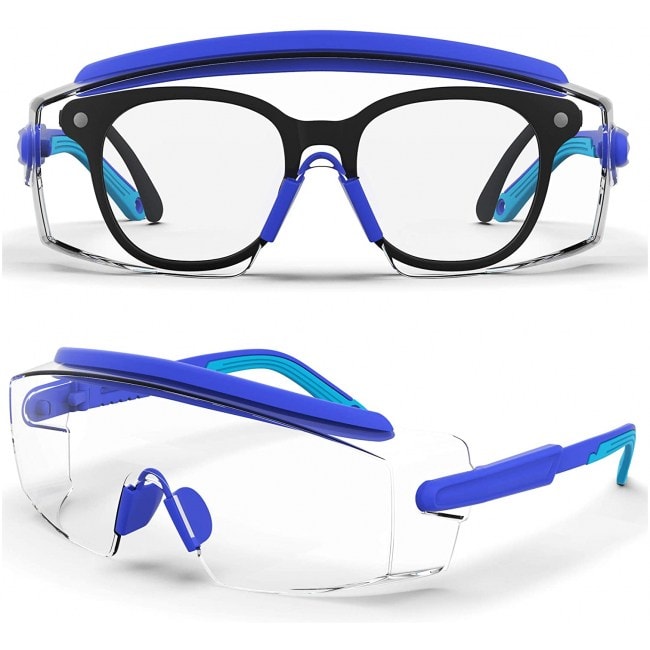 Safety Glasses Anti Fog Large Safety Goggles Over Glasses Clear Glasses Side For Protection Adjustable Frames Suitable For More People (Blue 1 pair)