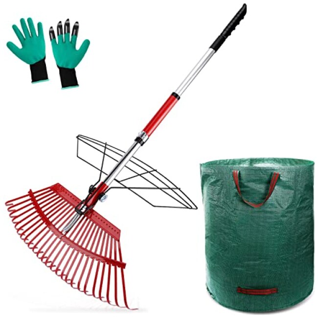 Topmart Leaf Rake Telescoping 38”- 56”,21” Wide 25 Tines Shrub Rake, Stainless Steel Garden Rake Adjustable, with 72 Gallon Reusable Garden Bags