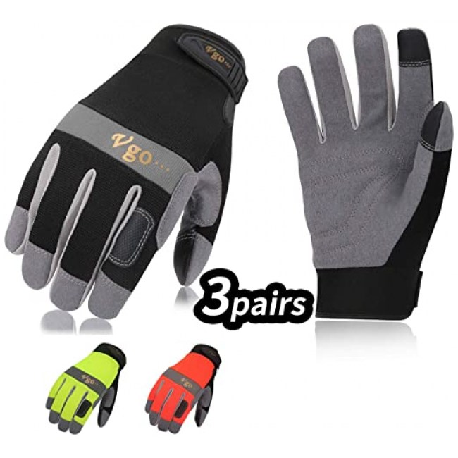 Vgo 3Pairs Synthetic Leather Work Gloves (Size XL, 3Colors,SL7584)