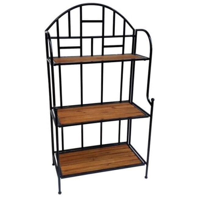 3-Tier Outdoor Folding Metal Plant Stand with Acacia Shelves