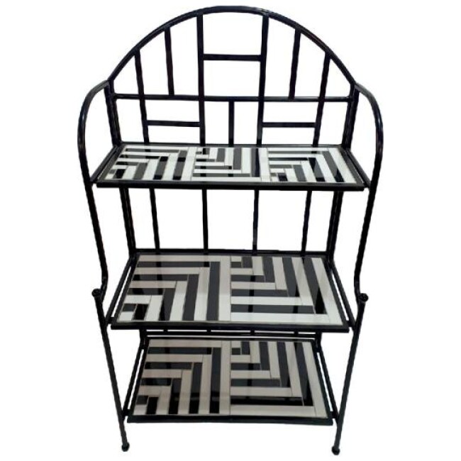 3-Tier Outdoor Folding Metal Plant Stand with Mosaic Tile Shelves