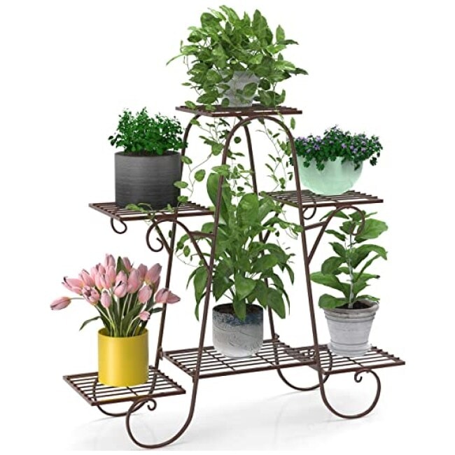 Elekin 6 Tier Metal Plant Stand Shelves Flower Pot Display Indoor Outdoor Garden Patio Plant Rack Flower Stand-Bronze