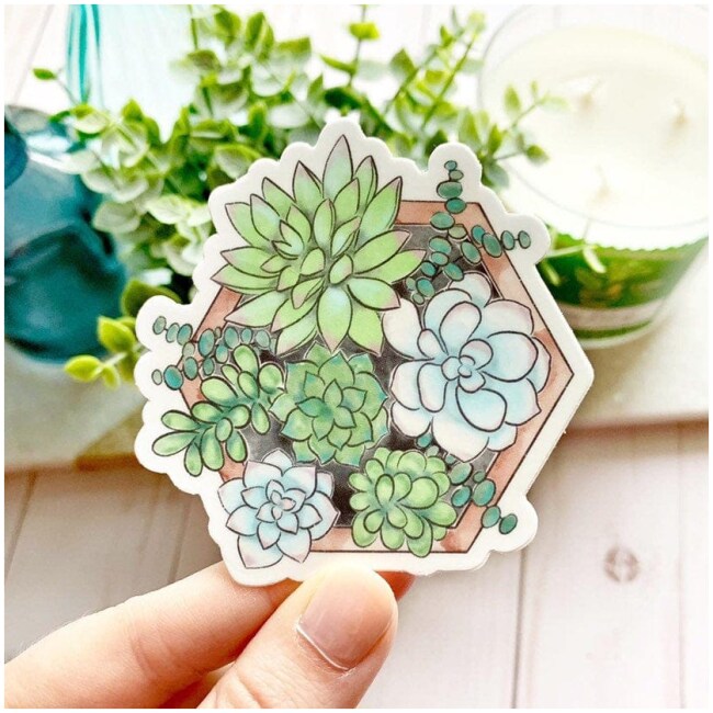 Watercolor Succulent Planter Sticker, 3x3 in.