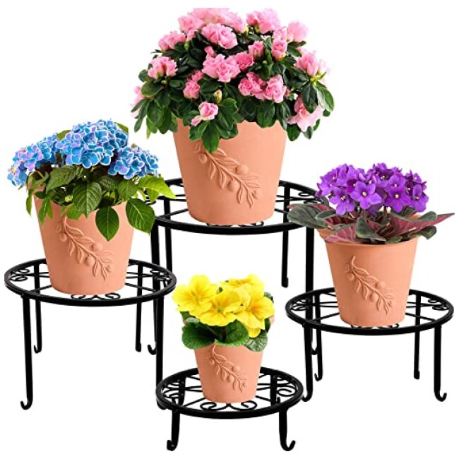 yosager 4 Pack Metal Plant Stands for Flower Pot, Heavy Duty Potted Holder, Indoor Outdoor Metal Rustproof Iron Garden Container Round Supports...