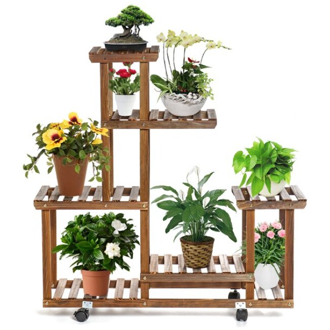 5 Layer Indoors & Outdoors Rolling Wooden Ladder Flower Stand Plant Pots Display Stand Flower Rack Shelf with Wheels for Garden Balcony Livingroom...