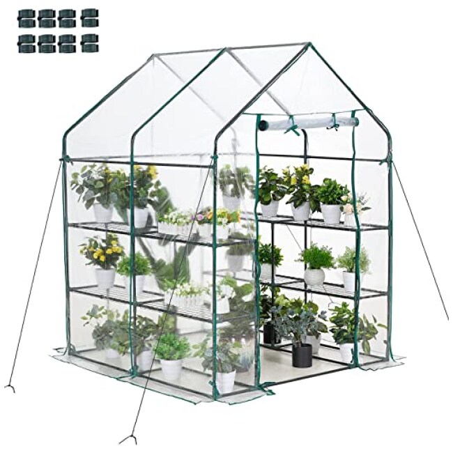 AMERLIFE Mini Walk-in Greenhouse Indoor Outdoor 3 Tier 8 Shelves with PVC Cover and Roll-Up Zipper Door Extra Hooks and Wind Ropes, 77''x56''x56''