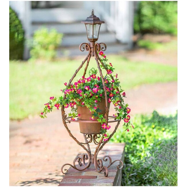 Antiqued Wrought Iron Plant Stand with Solar Light