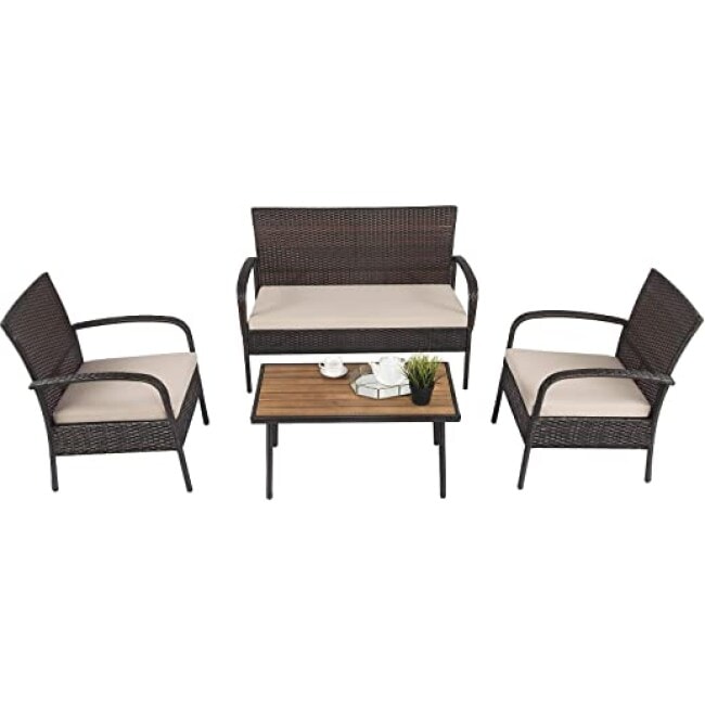 HAPPYGRILL 4-Pieces Patio Conversation Set Outdoor Rattan Wicker Sofa Set with Coffee Table, Acacia Wood Sectional Sofa Set with Cushions