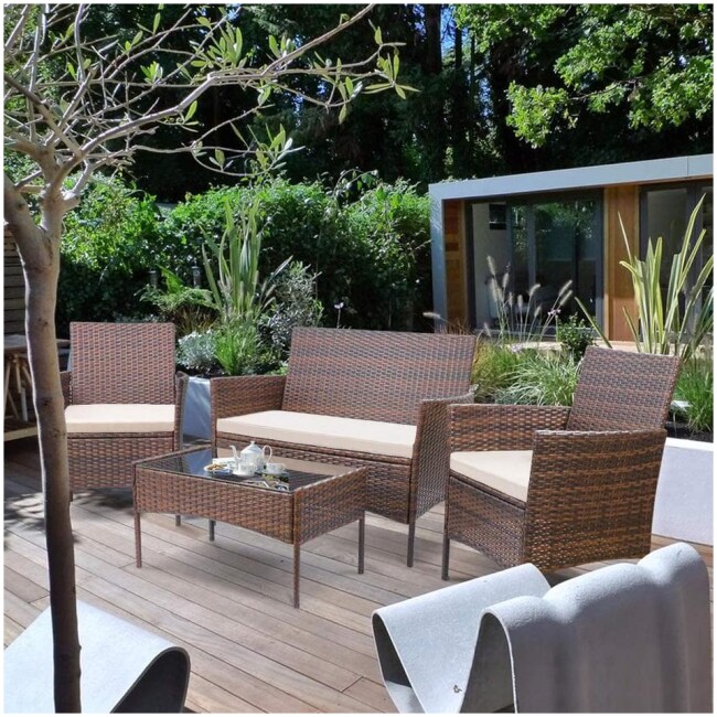 Walnew 4 PCS Outdoor Patio Furniture Brown PE Rattan Wicker Table and Chairs Set