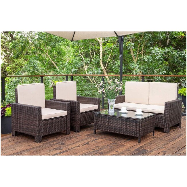 Walnew 4 Pieces Outdoor Patio Indoor Furniture Sets Rattan Chair Wicker Conversation Sofa Set, Outdoor Indoor Backyard Porch Garden Poolside