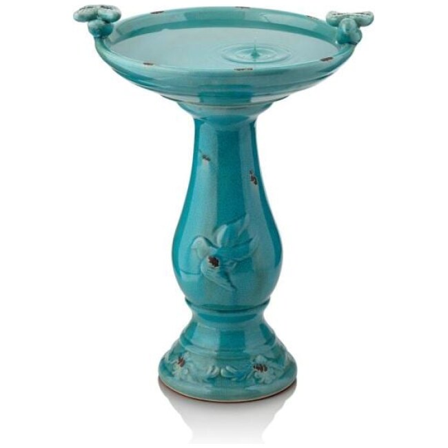 24 in. Tall Outdoor Ceramic Antique Pedestal Birdbath with 2 Bird Figurines, Turquoise