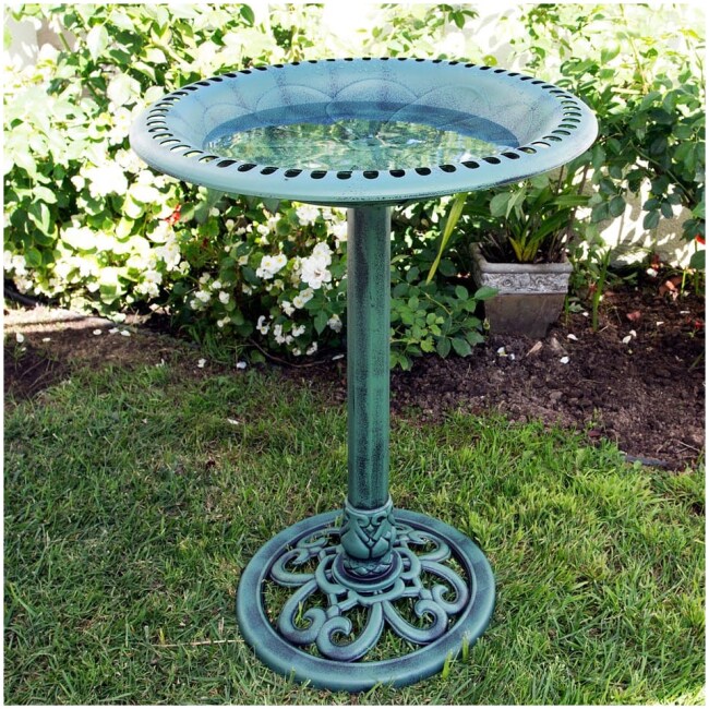 Alpine 28-Inch Outdoor Birdbath with Scrollwork Decoration Yard Statue