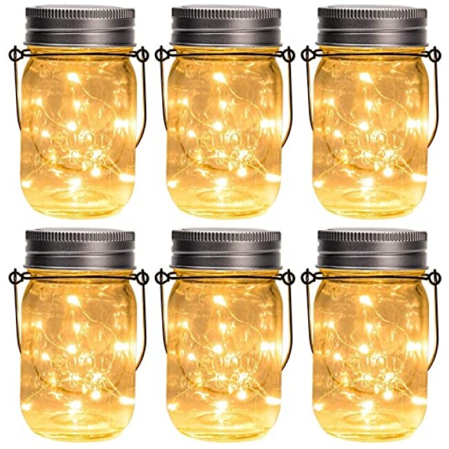 GIGALUMI Hanging Solar Mason Jar Lights, 6 Pack 30 Led String Fairy lights Solar Lanterns Table Lights, 6 Hangers and Jars included