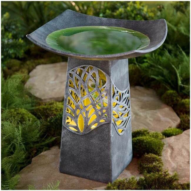 Hand Glazed Bowl Lighted Birdbath