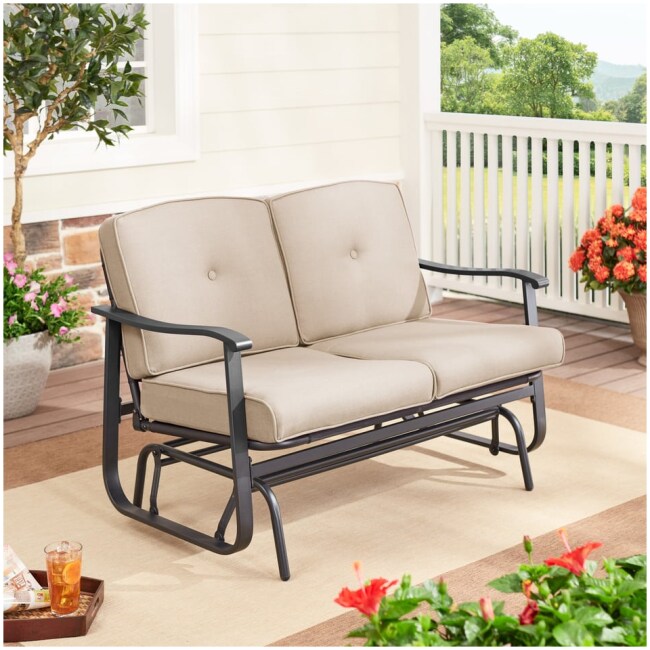 Mainstays Belden Park Cushion Steel Outdoor Glider Bench - Tan/Black