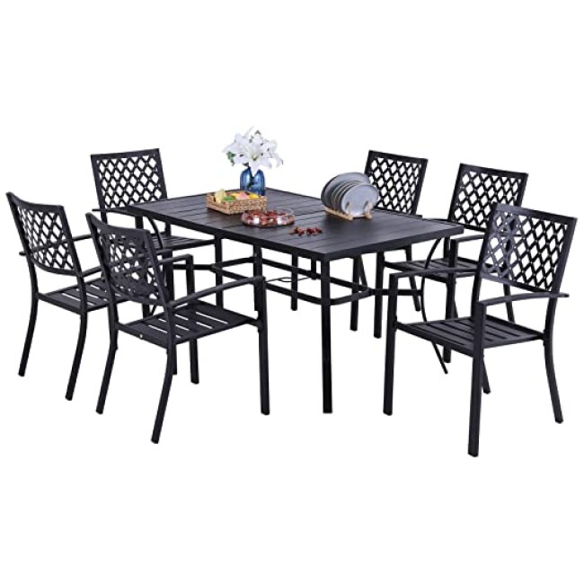 PHI VILLA Patio Dining Set 7 Pcs 1 Metal Dining Table and 6 Patio Bistro Stackable Chairs for Outdoor Backyard Bistro Furniture Set