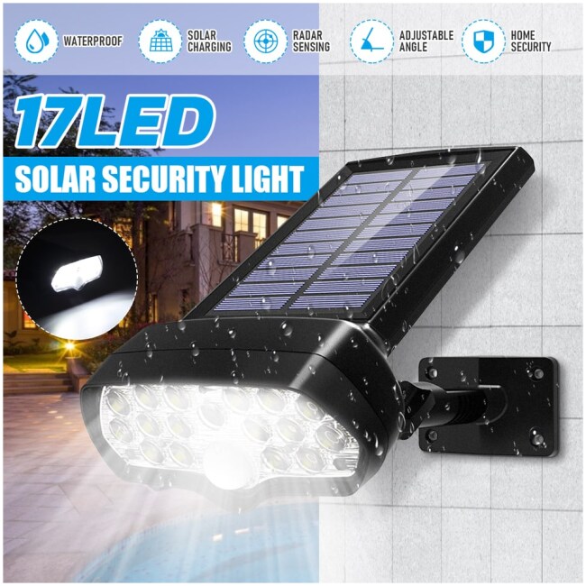 Solar Flood Light Outdoor Spotlight with PIR Motion Sensor Security Wall Light IP67 Waterproof 17LEDs with 2-Mode 360° Rotatable Security Night Light for Garden, Patio, Garage