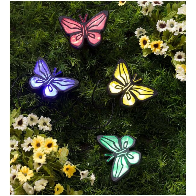 String of Four Solar Lighted Butterfly Garden Stakes with Solar Panel Stake