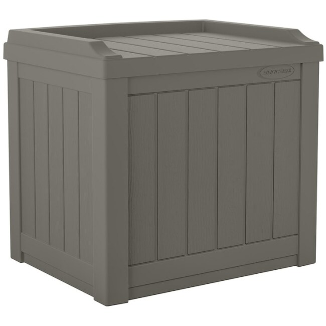 Suncast 22 Gallon Outdoor Resin Wicker Deck Storage Box with Seat, Stoney Gray