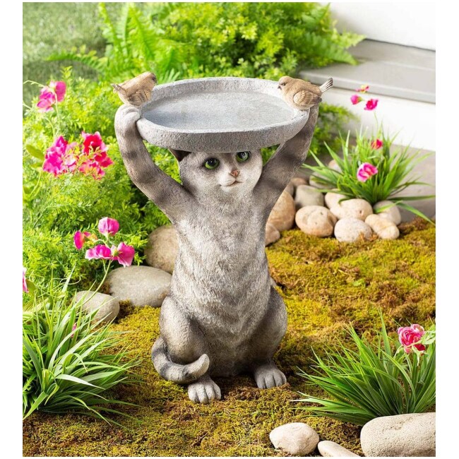 Whimsical Gray Tabby Cat with Birds Birdbath Garden Accent | Cats