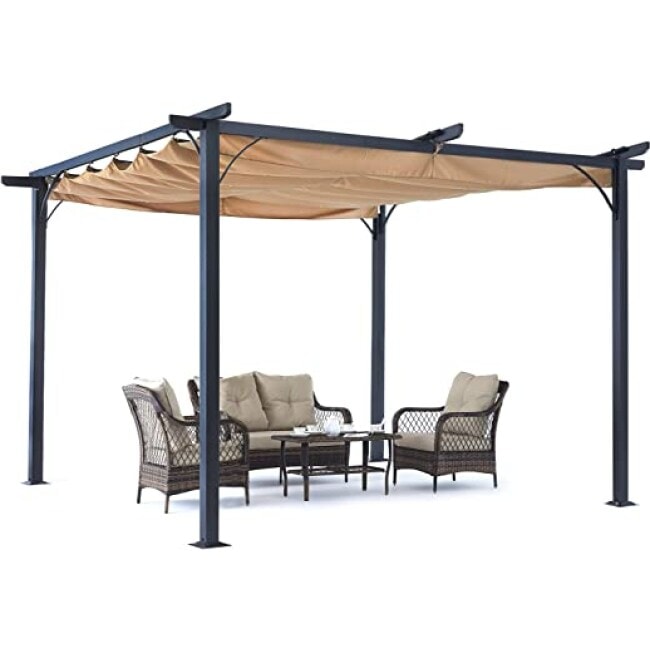 ABCCANOPY 10 x 10 Steel Retractable Pergola Gazebo, Weather-Resistant Rip-Lock Canopy for Your Patio Garden Yard, Khaki