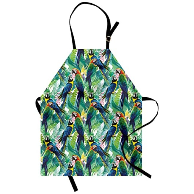 Lunarable Parrots Apron, Colorful Parrots Tropic Flowers Warm Weather Gardens Vacation Traveling, Unisex Kitchen Bib with Adjustable Neck for Cooking Gardening, Adult Size, Navy Blue