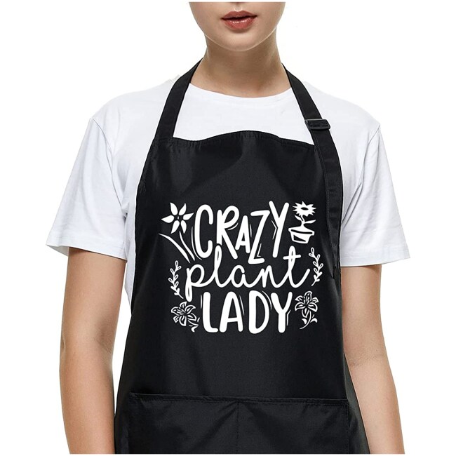 QIONGQI Funny Apron for Women Mom Nana, Crazy Plant Lady Gardening Apron, Adjustable Waterproof Black Aprons with 2 Pockets, Garden Apron Gift,...