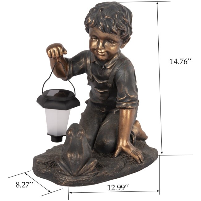 14.8-inch Bronze Resin Boy and Frog Statue with Solar Light