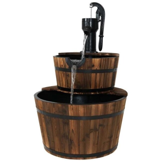 37 in. 2-Tier Rustic Wood Barrel Water Fountain with Hand Pump