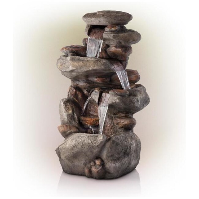 40 in. Tall Outdoor 4-Tier Rock Water Fountain with LED Lights