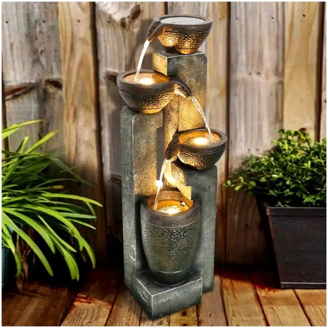 40-inch H Outdoor Faux Stone Water Fountain Garden Waterfall w/ Lights