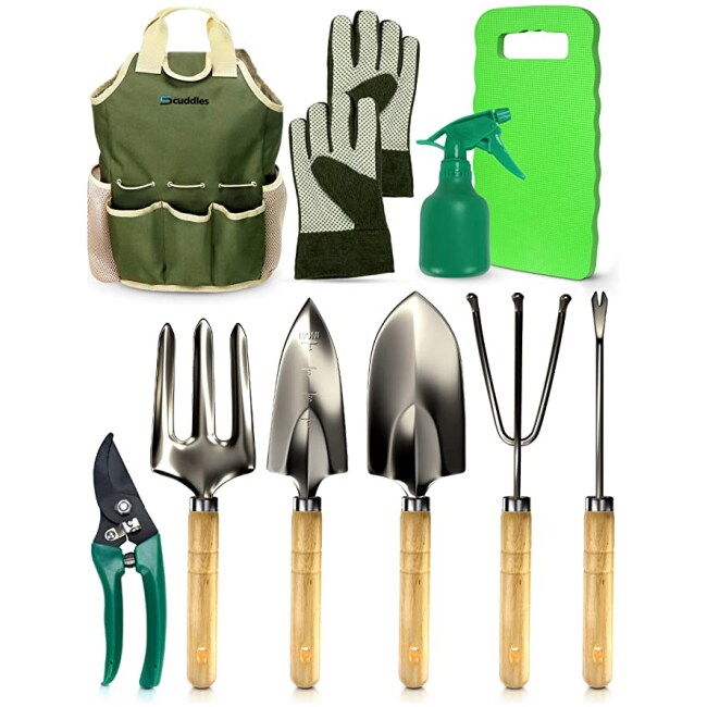 Scuddles Garden Tools Set - 8 Piece Heavy Duty Gardening Tools with Storage Organizer, Ergonomic Hand Digging Weeder, Rake, Shovel, Trowel,...