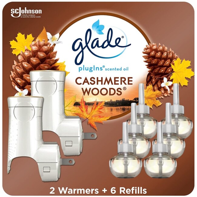 Glade PlugIns Refills Air Freshener Starter Kit, Scented and Essential Oils for Home and Bathroom, Cashmere Woods, 4.02 Fl Oz, 2 Warmers + 6 Refills