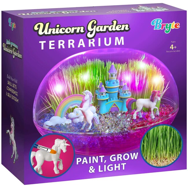 Bryte Little Growers Unicorn Terrarium Kit for Kids with Rainbow Fairy Lights&Paintable Figurines - Plant&Grow Light Up Garden - Science&Craft Kits...