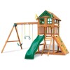 DIY Outing III Wooden Playset with Wood Roof, Wave Slide and Rock Wall