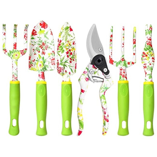 Garden Tool Set, 6 PCS Heavy Duty Aluminum Gardening Hand Tools Kit, Floral Print Gardening Tool Set, Gardening Gifts for Women with Pruning Shears...