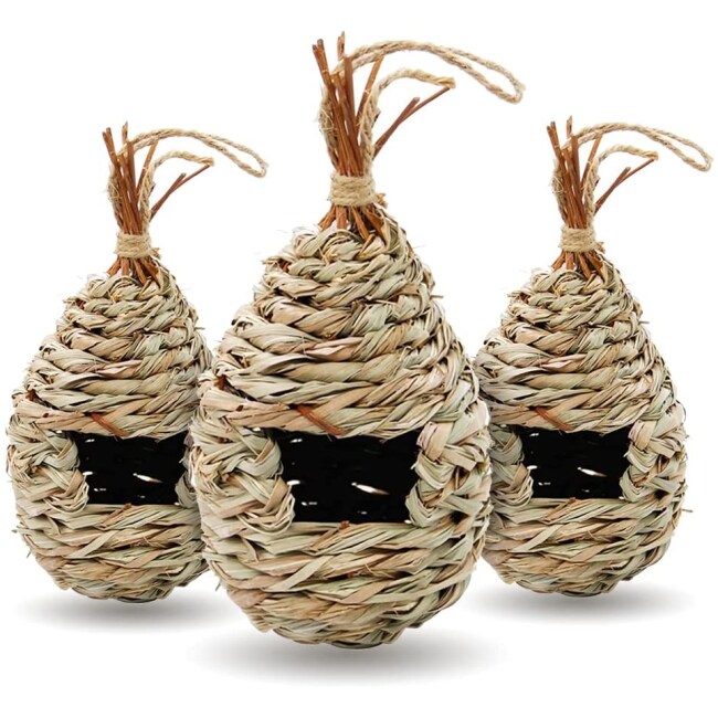 Gute Humming Bird Houses for Outside Hanging, Natural Grass Hanging Bird Hut, Hand Woven Hummingbird Nest, Large Wren Finch Bird House for Garden Window Outdoor Home Decoration, 3 Pack