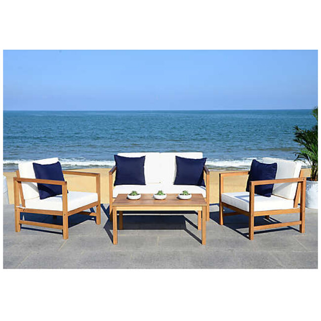 Safavieh Montez 4-Piece Acacia Wood Conversation Set in Teak/Navy with Accent Pillows