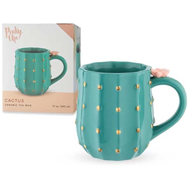 Pinky Up Cactus Mug, 3D Green Ceramic, Gold Details, Holds 10 Ounces, Coffee & Tea Accessories, Cute Succulent Coffee Mug