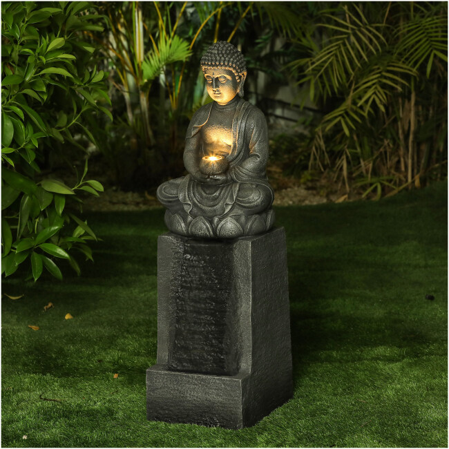 Resin Meditating Buddha on Column Patio Fountain with LED Light