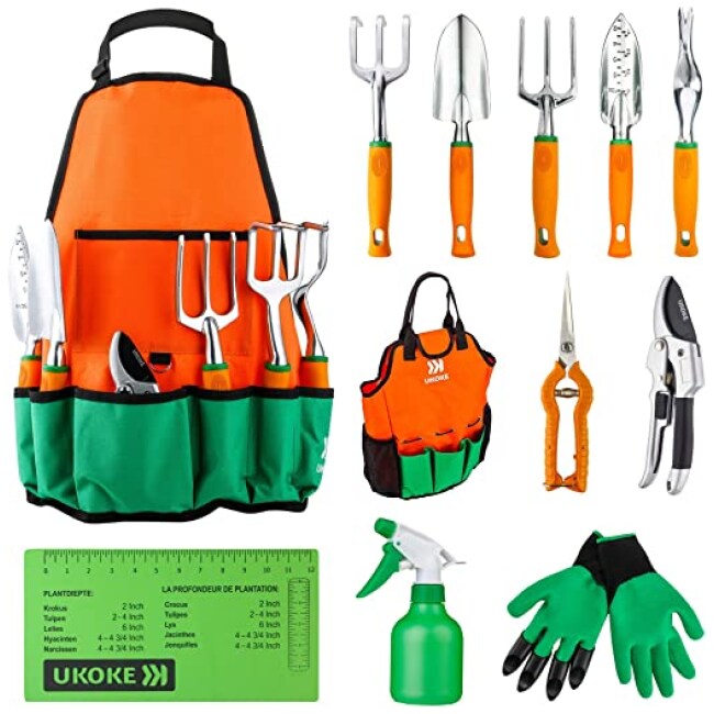 UKOKE Garden Tool Set, 12 Piece Aluminum Hand Tool Kit, Garden Canvas Apron with Storage Pocket, Outdoor Tool, Heavy Duty Gardening Work Set with Ergonomic Handle, Gardening Tools for women men