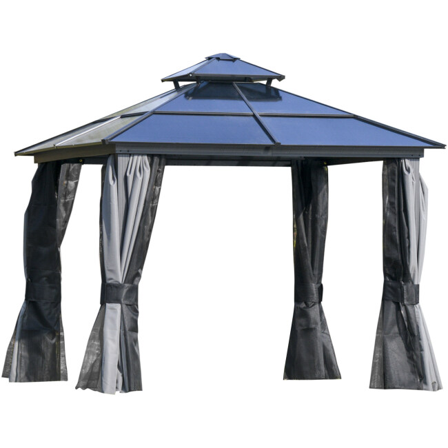 10' X 10' Polycarbonate Hardtop Patio Gazebo Canopy With Double-Tier Roof, Stable Steel Frame, & Net Sidewalls